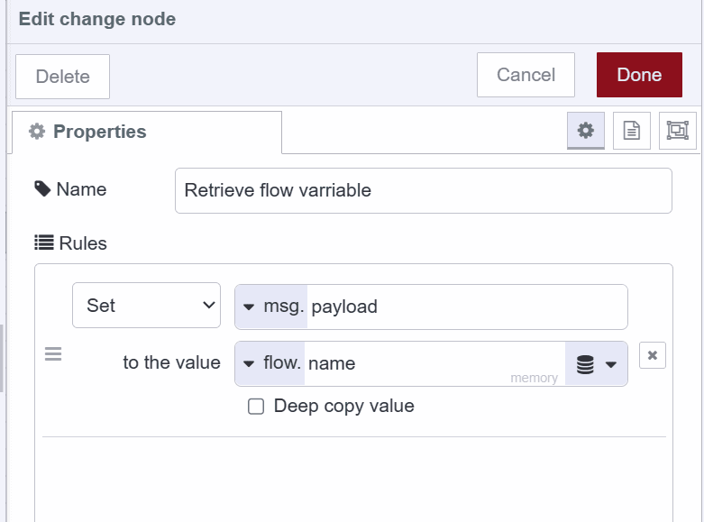 Screenshot showing how to retrieve flow variable using the change node "Screenshot showing how to retrieve flow variable using the change node"
